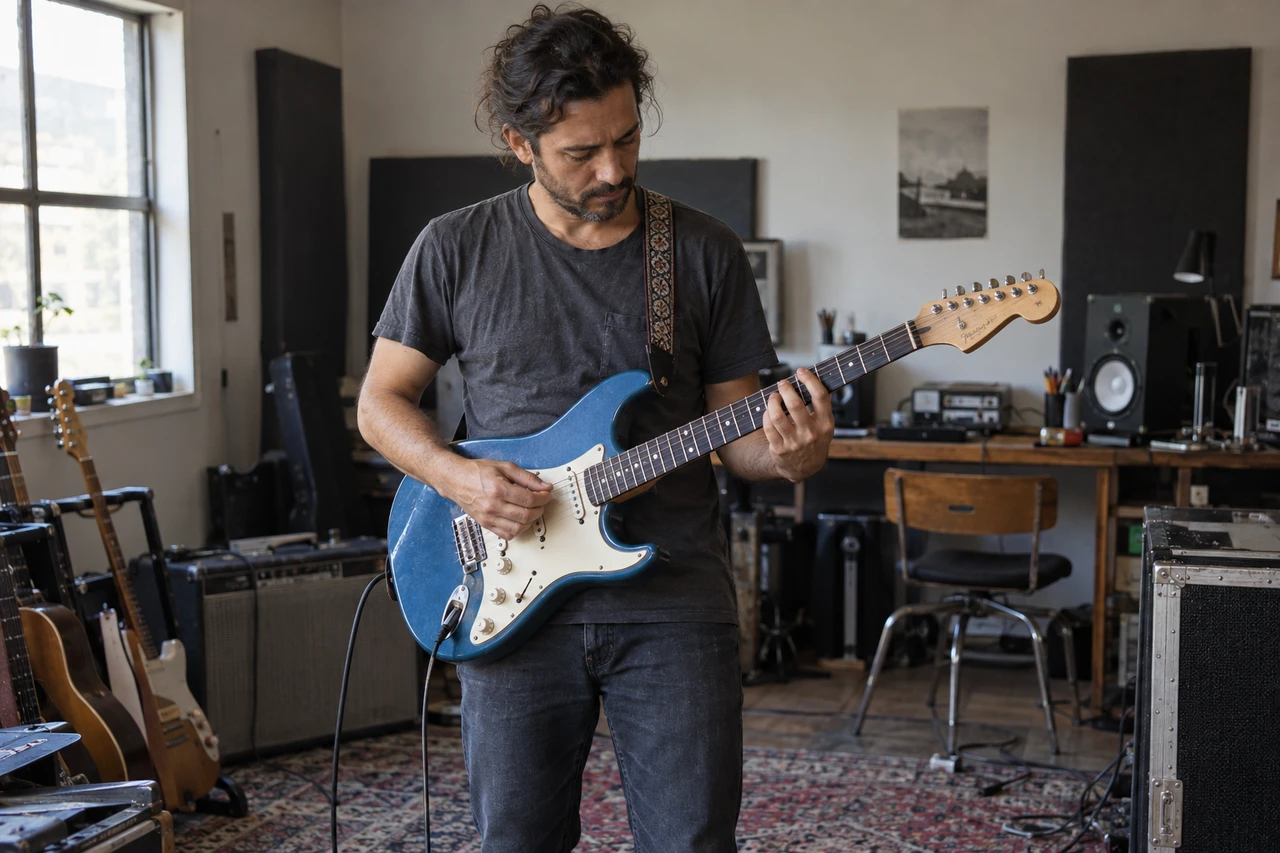 An AI-generated guitarist recording a blue electric guitar in a studio