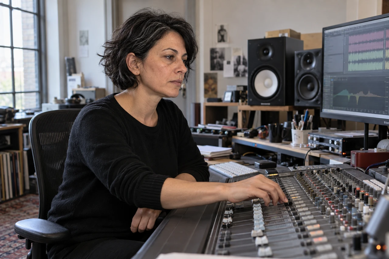 An AI-generated mix engineer listening while adjusting a studio console