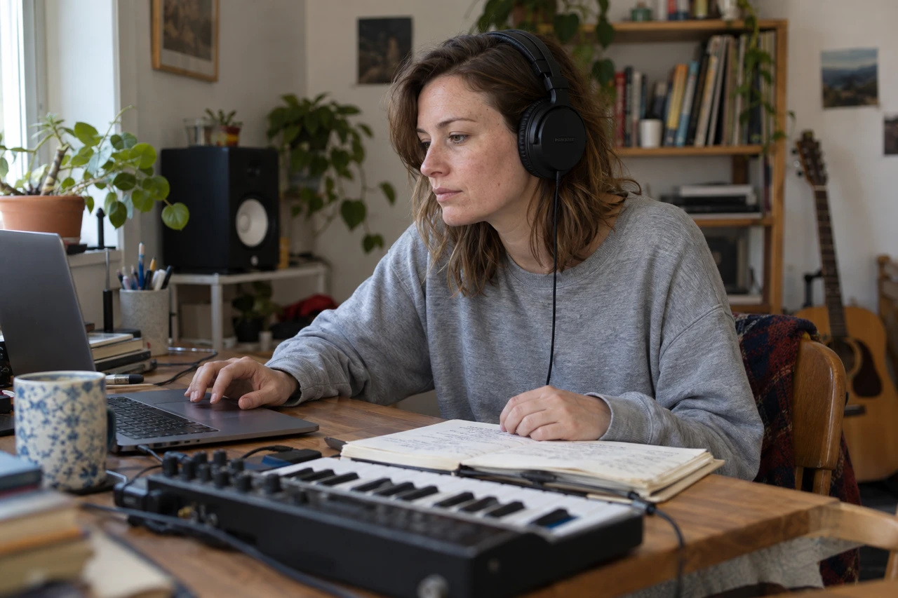 An AI-generated songwriter refining a song at a laptop and MIDI keyboard